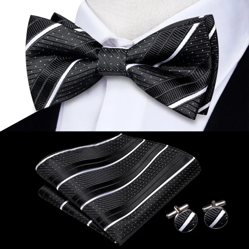 Men's Bow Tie, Silk, Handkerchief, and Cufflinks Set in White, Black, Gray, and Silver - Pre-Tied Butterfly Knot for Weddings and Business Events