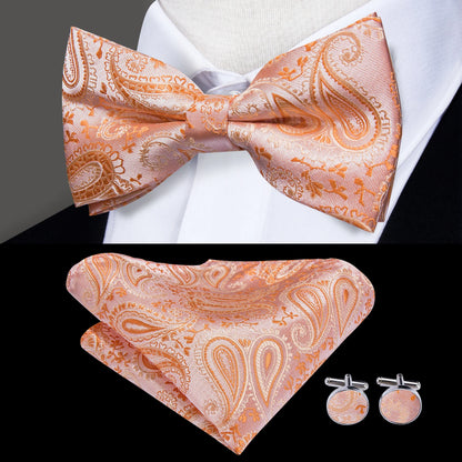 Men's Jacquard Silk Black and Gold Striped Bow Tie Set with Handkerchief and Cufflinks - Pre-Tied Butterfly Bowknot Gift for Adults