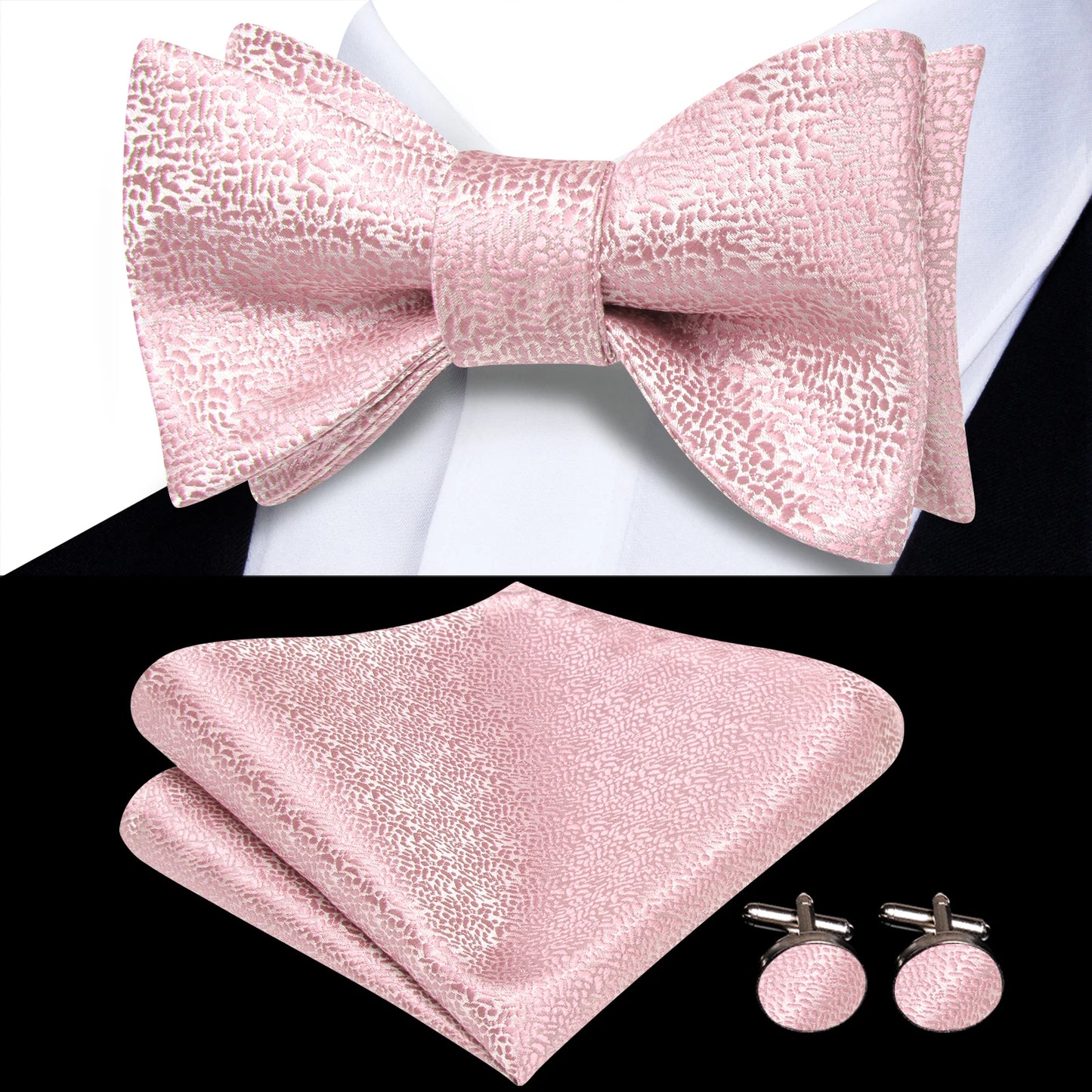 Men's Bow Tie, Handkerchief, and Cufflinks Set - Jacquard Floral Pre-Tied Butterfly Bowtie for Weddings and Business Events