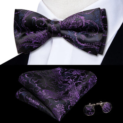 Men's Jacquard Silk Black and Gold Striped Bow Tie Set with Handkerchief and Cufflinks - Pre-Tied Butterfly Bowknot Gift for Adults