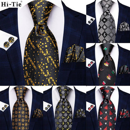 Elegant Black and Gold Silk Tie Set for Men - Perfect Christmas Gift with Necktie, Pocket Square, Cufflinks, and Tie Clip