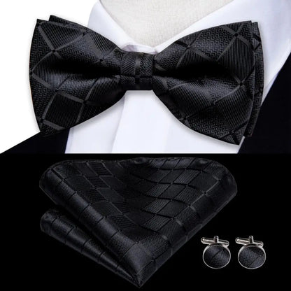 Men's Bow Tie, Silk, Handkerchief, and Cufflinks Set in White, Black, Gray, and Silver - Pre-Tied Butterfly Knot for Weddings and Business Events