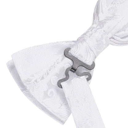 Men's Bow Tie, Silk, Handkerchief, and Cufflinks Set in White, Black, Gray, and Silver - Pre-Tied Butterfly Knot for Weddings and Business Events
