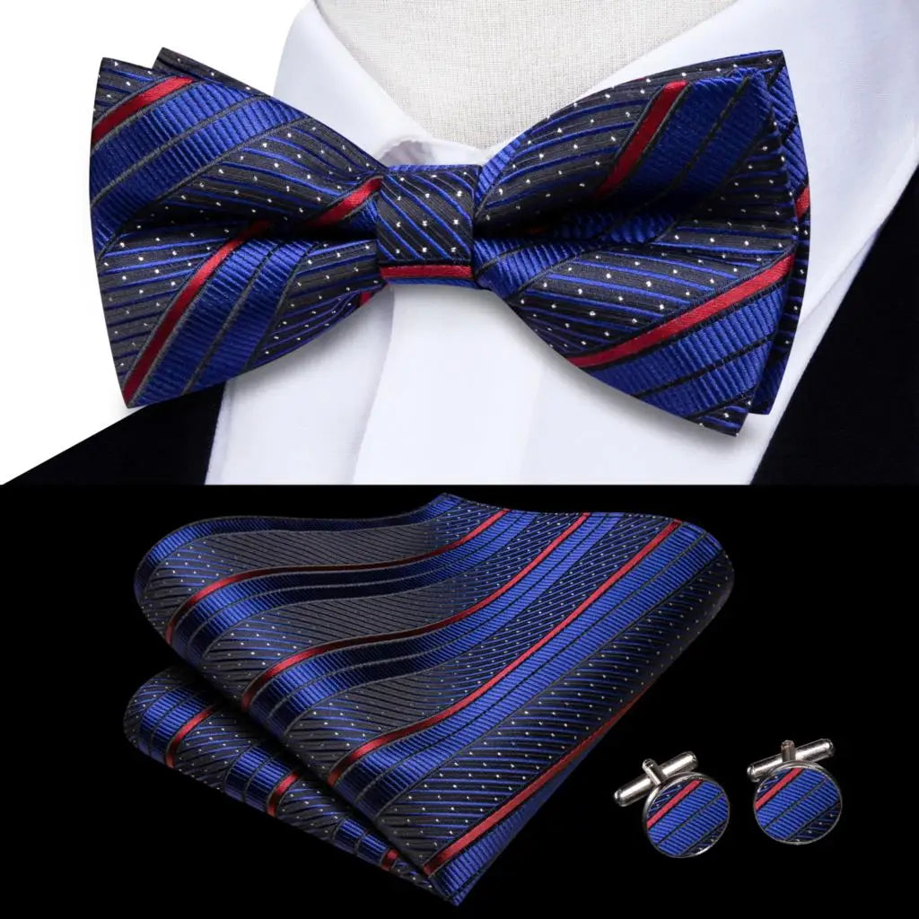 Men's Jacquard Silk Black and Gold Striped Bow Tie Set with Handkerchief and Cufflinks - Pre-Tied Butterfly Bowknot Gift for Adults