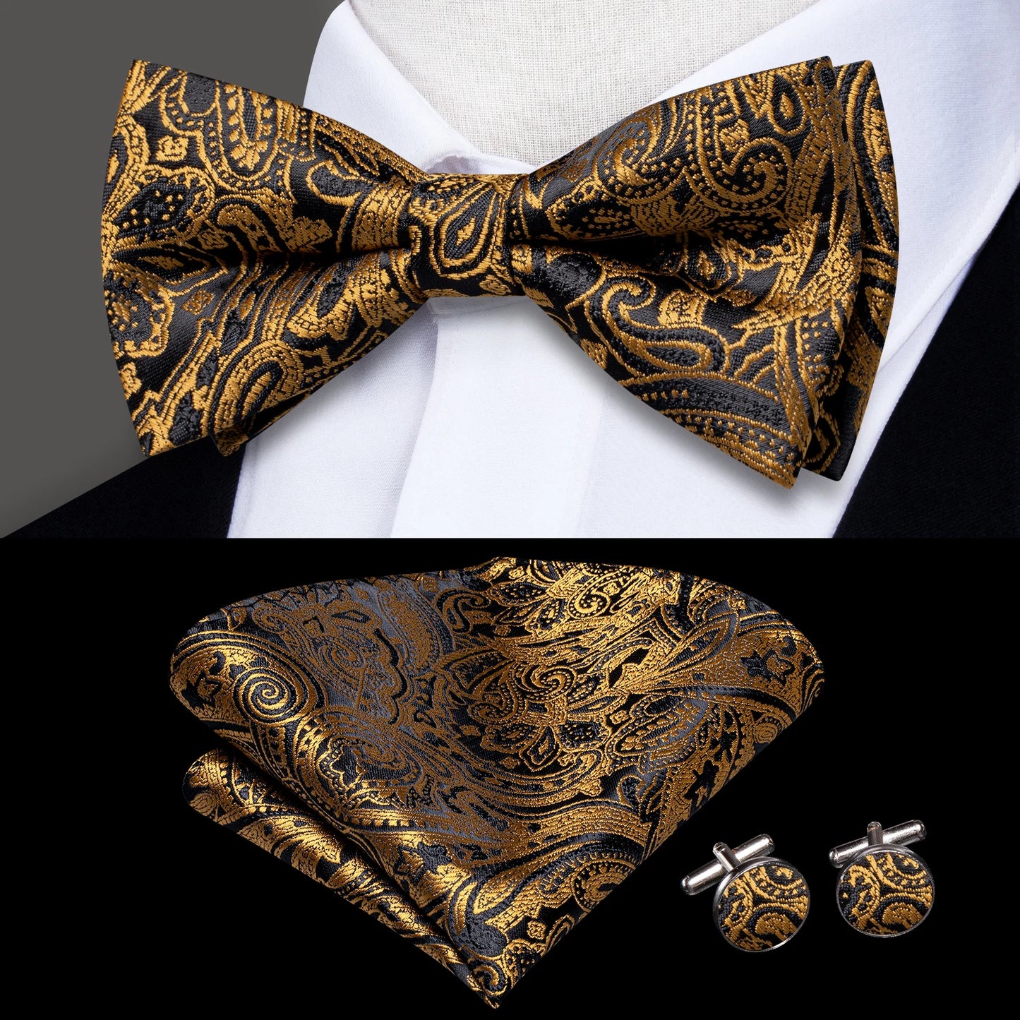 Men's Jacquard Silk Black and Gold Striped Bow Tie Set with Handkerchief and Cufflinks - Pre-Tied Butterfly Bowknot Gift for Adults