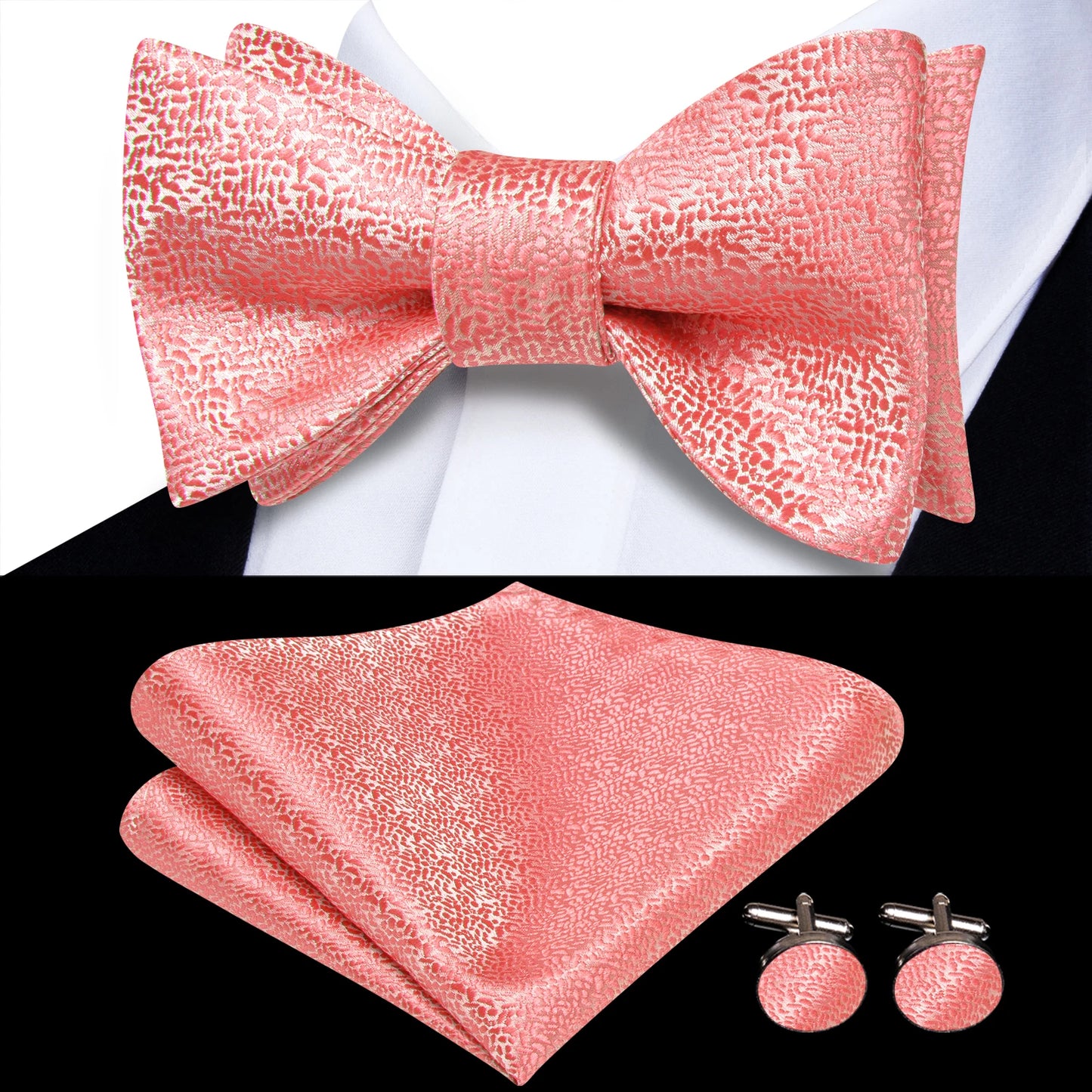 Men's Bow Tie, Handkerchief, and Cufflinks Set - Jacquard Floral Pre-Tied Butterfly Bowtie for Weddings and Business Events