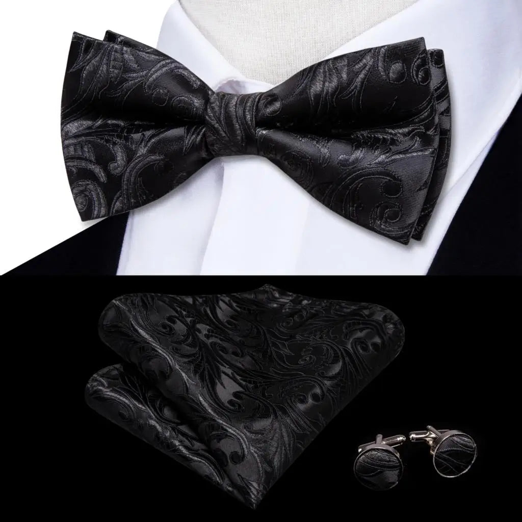 Men's Bow Tie, Silk, Handkerchief, and Cufflinks Set in White, Black, Gray, and Silver - Pre-Tied Butterfly Knot for Weddings and Business Events