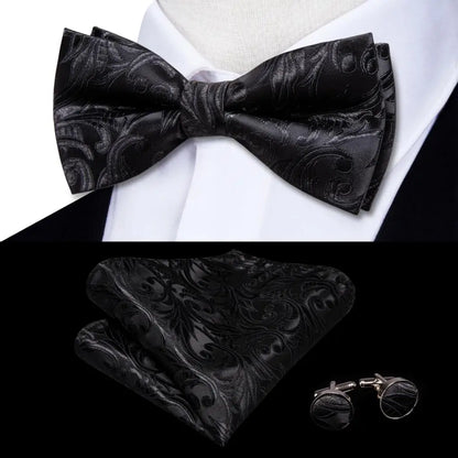 Men's Bow Tie, Silk, Handkerchief, and Cufflinks Set in White, Black, Gray, and Silver - Pre-Tied Butterfly Knot for Weddings and Business Events