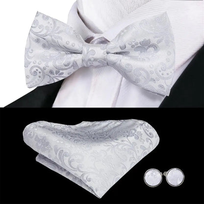 Men's Bow Tie, Silk, Handkerchief, and Cufflinks Set in White, Black, Gray, and Silver - Pre-Tied Butterfly Knot for Weddings and Business Events