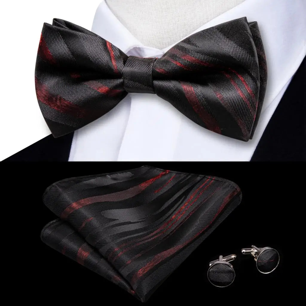 Men's Bow Tie, Silk, Handkerchief, and Cufflinks Set in White, Black, Gray, and Silver - Pre-Tied Butterfly Knot for Weddings and Business Events