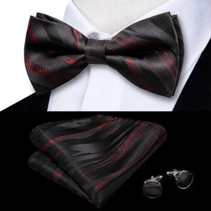 Men's Bow Tie, Silk, Handkerchief, and Cufflinks Set in White, Black, Gray, and Silver - Pre-Tied Butterfly Knot for Weddings and Business Events
