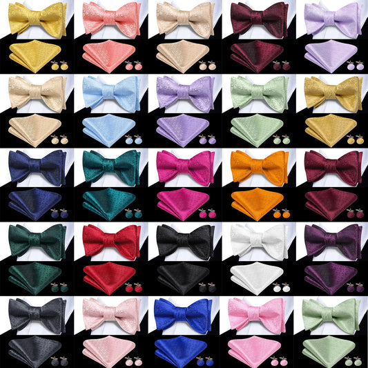 Men's Bow Tie, Handkerchief, and Cufflinks Set - Jacquard Floral Pre-Tied Butterfly Bowtie for Weddings and Business Events