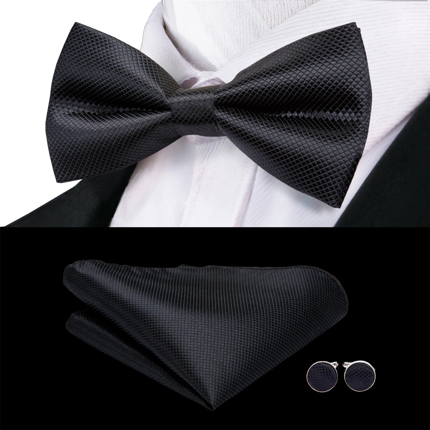 Men's Bow Tie, Silk, Handkerchief, and Cufflinks Set in White, Black, Gray, and Silver - Pre-Tied Butterfly Knot for Weddings and Business Events