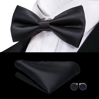 Men's Bow Tie, Silk, Handkerchief, and Cufflinks Set in White, Black, Gray, and Silver - Pre-Tied Butterfly Knot for Weddings and Business Events