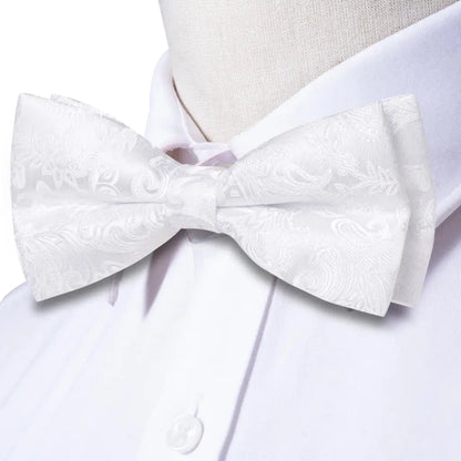 Men's Bow Tie, Silk, Handkerchief, and Cufflinks Set in White, Black, Gray, and Silver - Pre-Tied Butterfly Knot for Weddings and Business Events