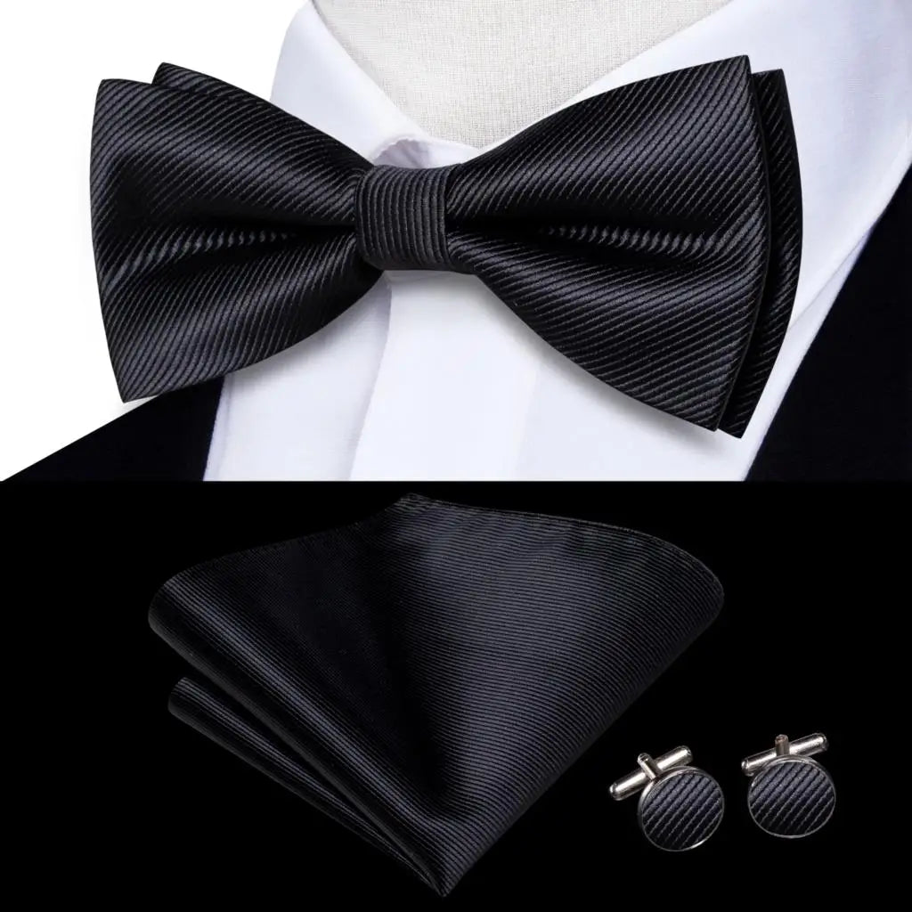 Men's Bow Tie, Silk, Handkerchief, and Cufflinks Set in White, Black, Gray, and Silver - Pre-Tied Butterfly Knot for Weddings and Business Events