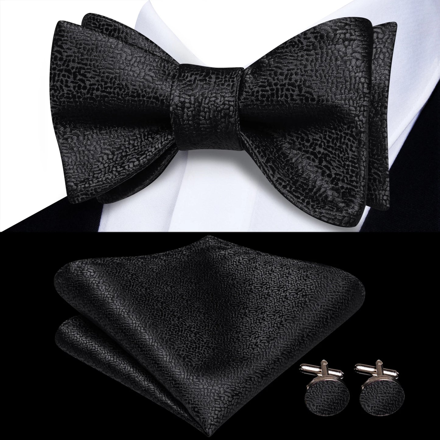 Men's Bow Tie, Handkerchief, and Cufflinks Set - Jacquard Floral Pre-Tied Butterfly Bowtie for Weddings and Business Events