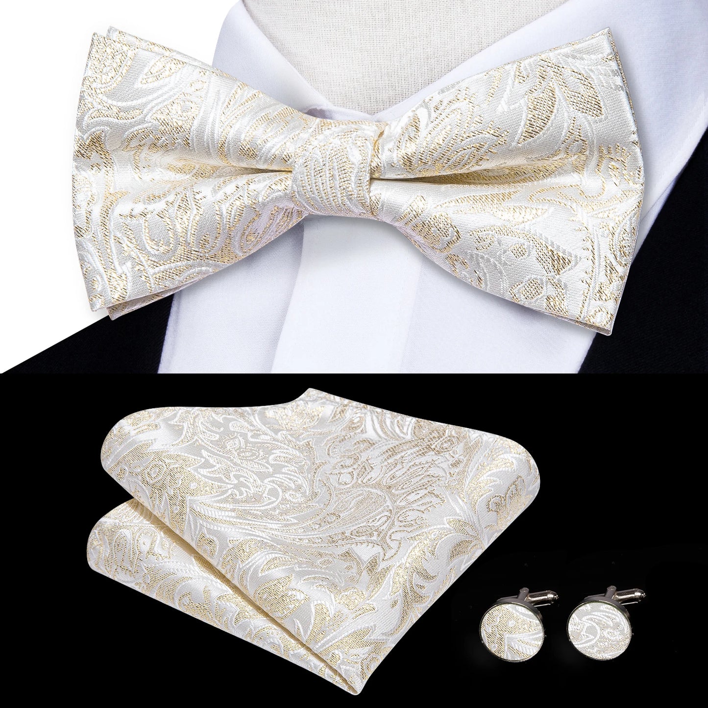 Men's Jacquard Silk Black and Gold Striped Bow Tie Set with Handkerchief and Cufflinks - Pre-Tied Butterfly Bowknot Gift for Adults