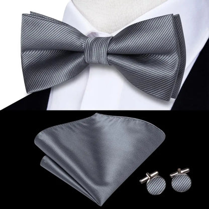 Men's Bow Tie, Silk, Handkerchief, and Cufflinks Set in White, Black, Gray, and Silver - Pre-Tied Butterfly Knot for Weddings and Business Events
