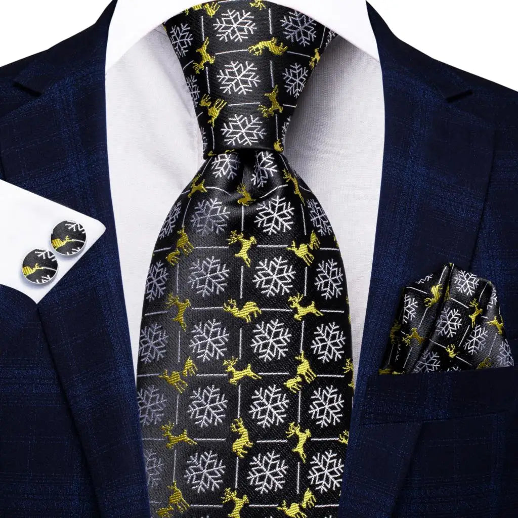 Elegant Black and Gold Silk Tie Set for Men - Perfect Christmas Gift with Necktie, Pocket Square, Cufflinks, and Tie Clip