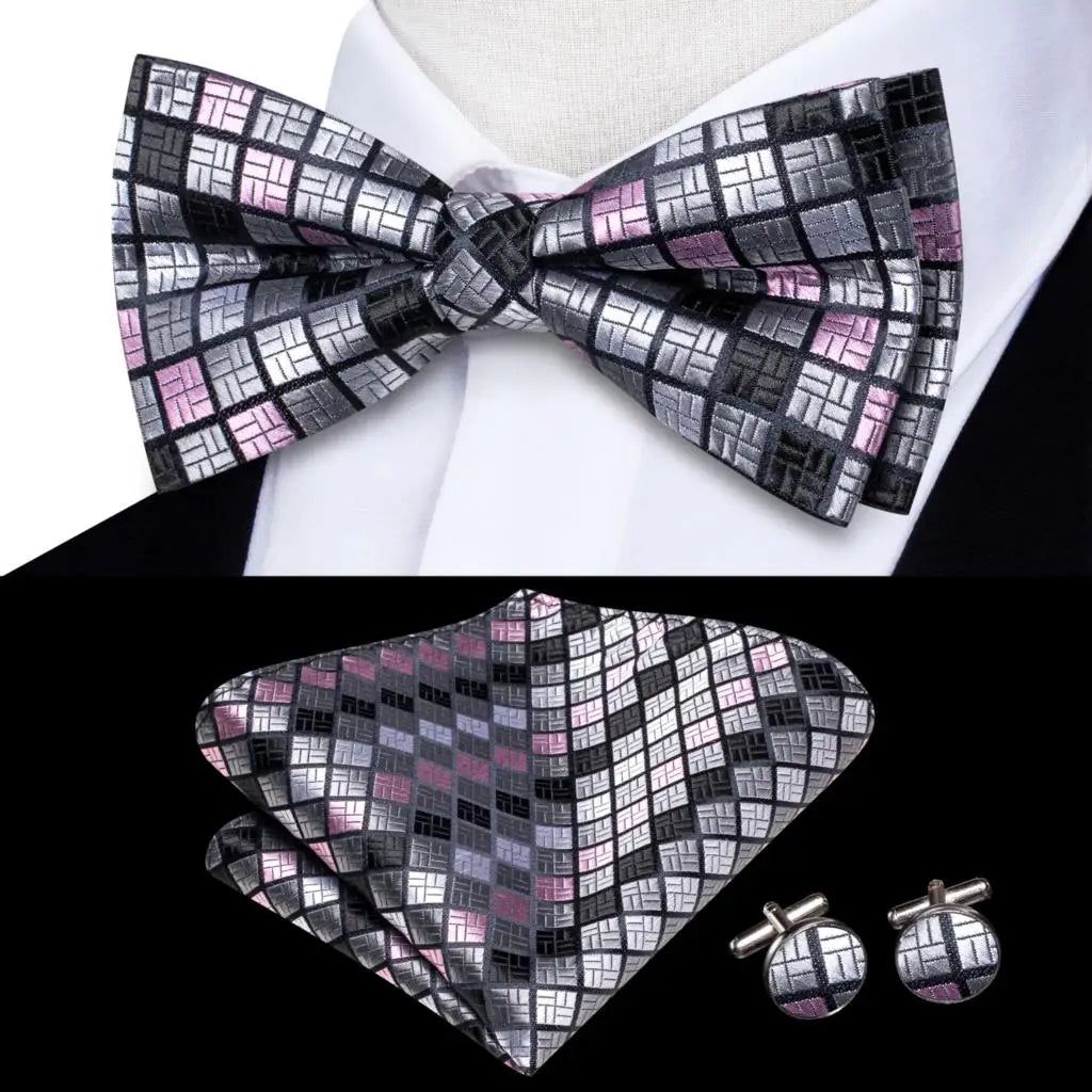 Men's Bow Tie, Silk, Handkerchief, and Cufflinks Set in White, Black, Gray, and Silver - Pre-Tied Butterfly Knot for Weddings and Business Events