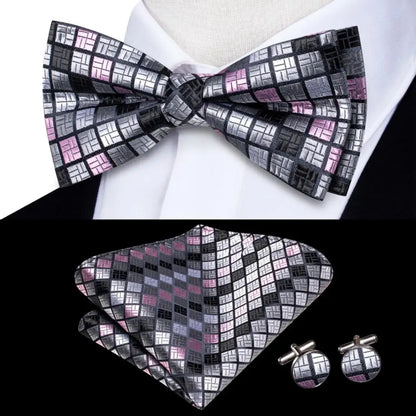 Men's Bow Tie, Silk, Handkerchief, and Cufflinks Set in White, Black, Gray, and Silver - Pre-Tied Butterfly Knot for Weddings and Business Events