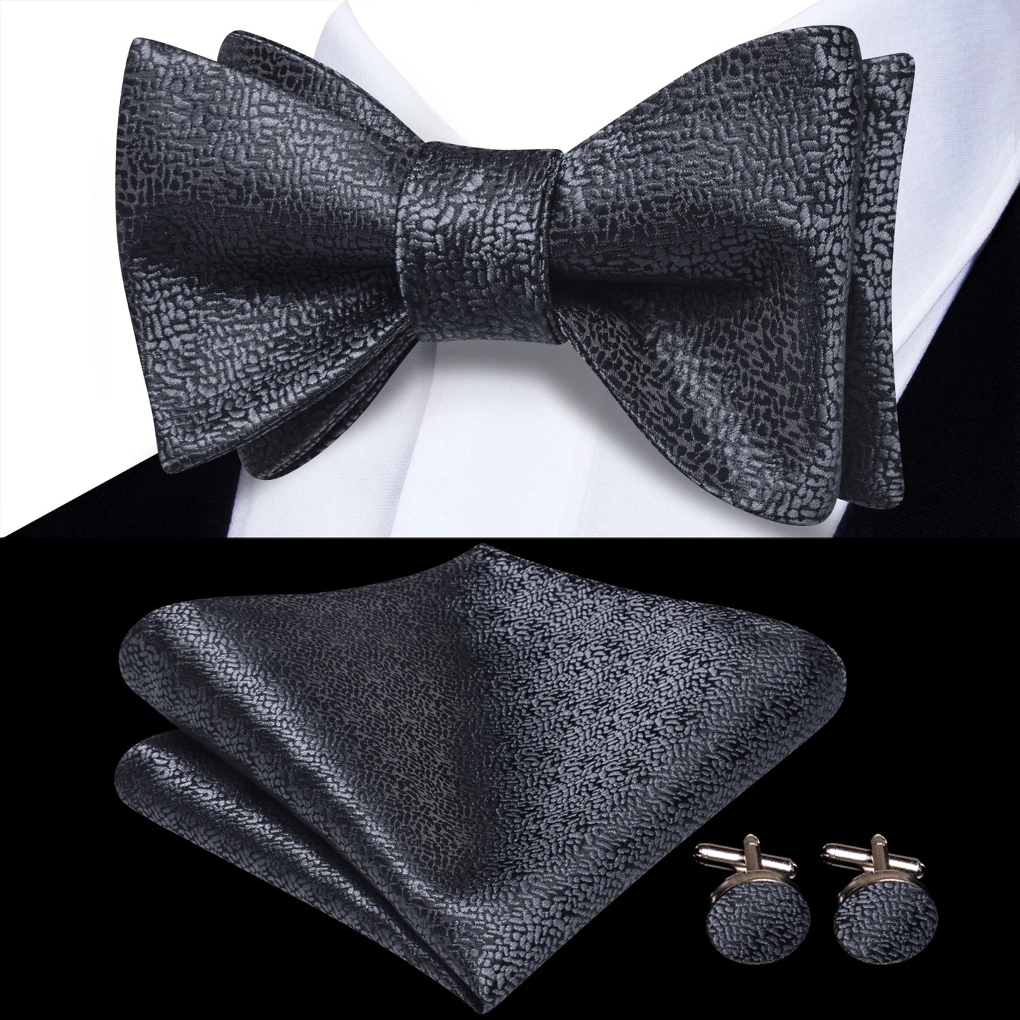 Men's Bow Tie, Handkerchief, and Cufflinks Set - Jacquard Floral Pre-Tied Butterfly Bowtie for Weddings and Business Events