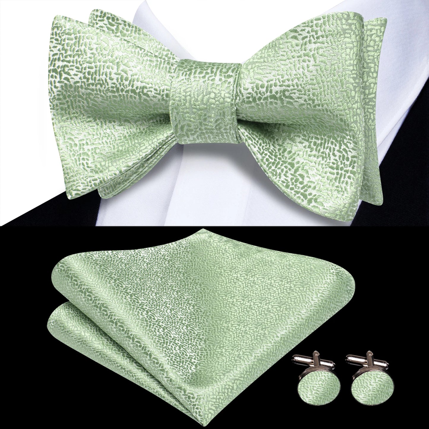 Men's Bow Tie, Handkerchief, and Cufflinks Set - Jacquard Floral Pre-Tied Butterfly Bowtie for Weddings and Business Events