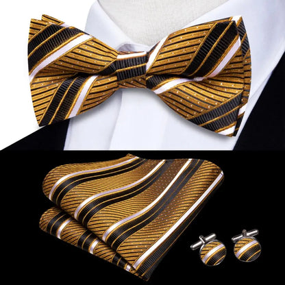 Men's Jacquard Silk Black and Gold Striped Bow Tie Set with Handkerchief and Cufflinks - Pre-Tied Butterfly Bowknot Gift for Adults