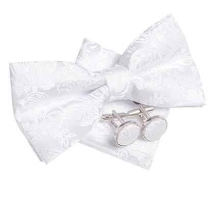 Men's Bow Tie, Silk, Handkerchief, and Cufflinks Set in White, Black, Gray, and Silver - Pre-Tied Butterfly Knot for Weddings and Business Events
