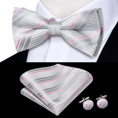 Men's Bow Tie, Silk, Handkerchief, and Cufflinks Set in White, Black, Gray, and Silver - Pre-Tied Butterfly Knot for Weddings and Business Events