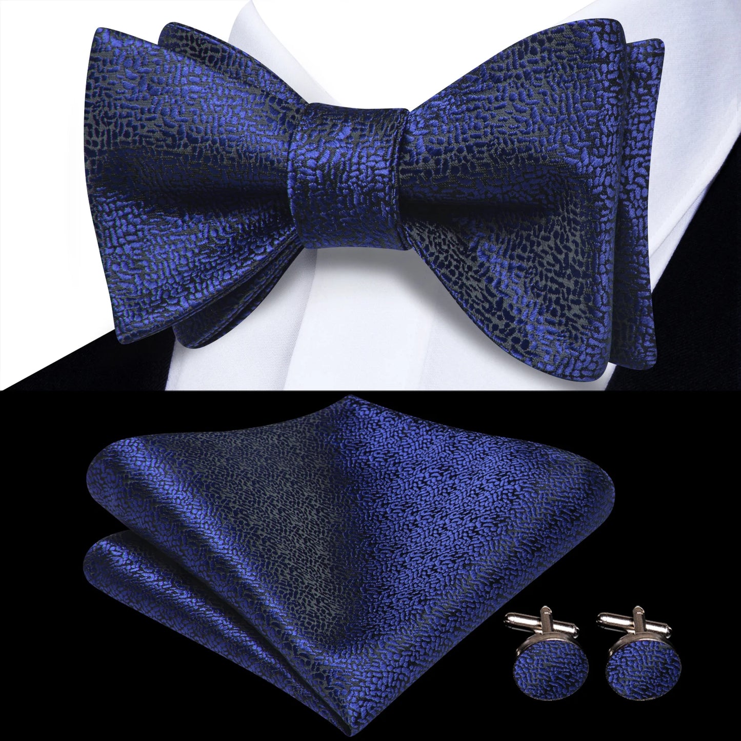 Men's Bow Tie, Handkerchief, and Cufflinks Set - Jacquard Floral Pre-Tied Butterfly Bowtie for Weddings and Business Events