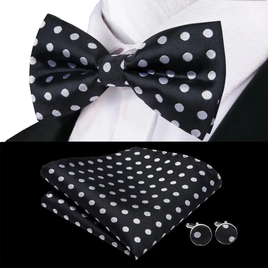 Men's Bow Tie, Silk, Handkerchief, and Cufflinks Set in White, Black, Gray, and Silver - Pre-Tied Butterfly Knot for Weddings and Business Events