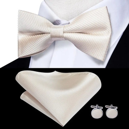 Men's Bow Tie, Silk, Handkerchief, and Cufflinks Set in White, Black, Gray, and Silver - Pre-Tied Butterfly Knot for Weddings and Business Events