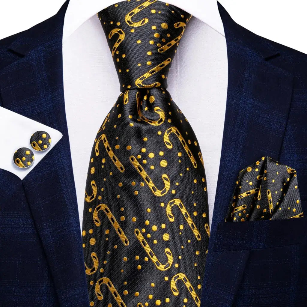 Elegant Black and Gold Silk Tie Set for Men - Perfect Christmas Gift with Necktie, Pocket Square, Cufflinks, and Tie Clip