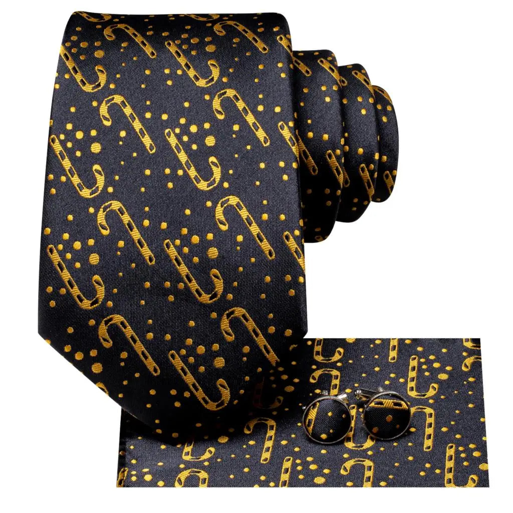 Elegant Black and Gold Silk Tie Set for Men - Perfect Christmas Gift with Necktie, Pocket Square, Cufflinks, and Tie Clip