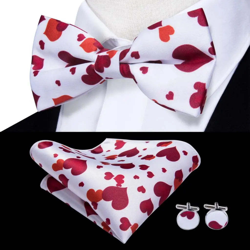 Men's Bow Tie, Silk, Handkerchief, and Cufflinks Set in White, Black, Gray, and Silver - Pre-Tied Butterfly Knot for Weddings and Business Events