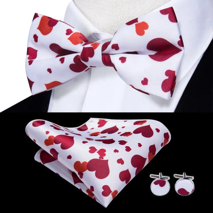 Men's Bow Tie, Silk, Handkerchief, and Cufflinks Set in White, Black, Gray, and Silver - Pre-Tied Butterfly Knot for Weddings and Business Events