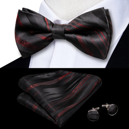 Men's Jacquard Silk Black and Gold Striped Bow Tie Set with Handkerchief and Cufflinks - Pre-Tied Butterfly Bowknot Gift for Adults