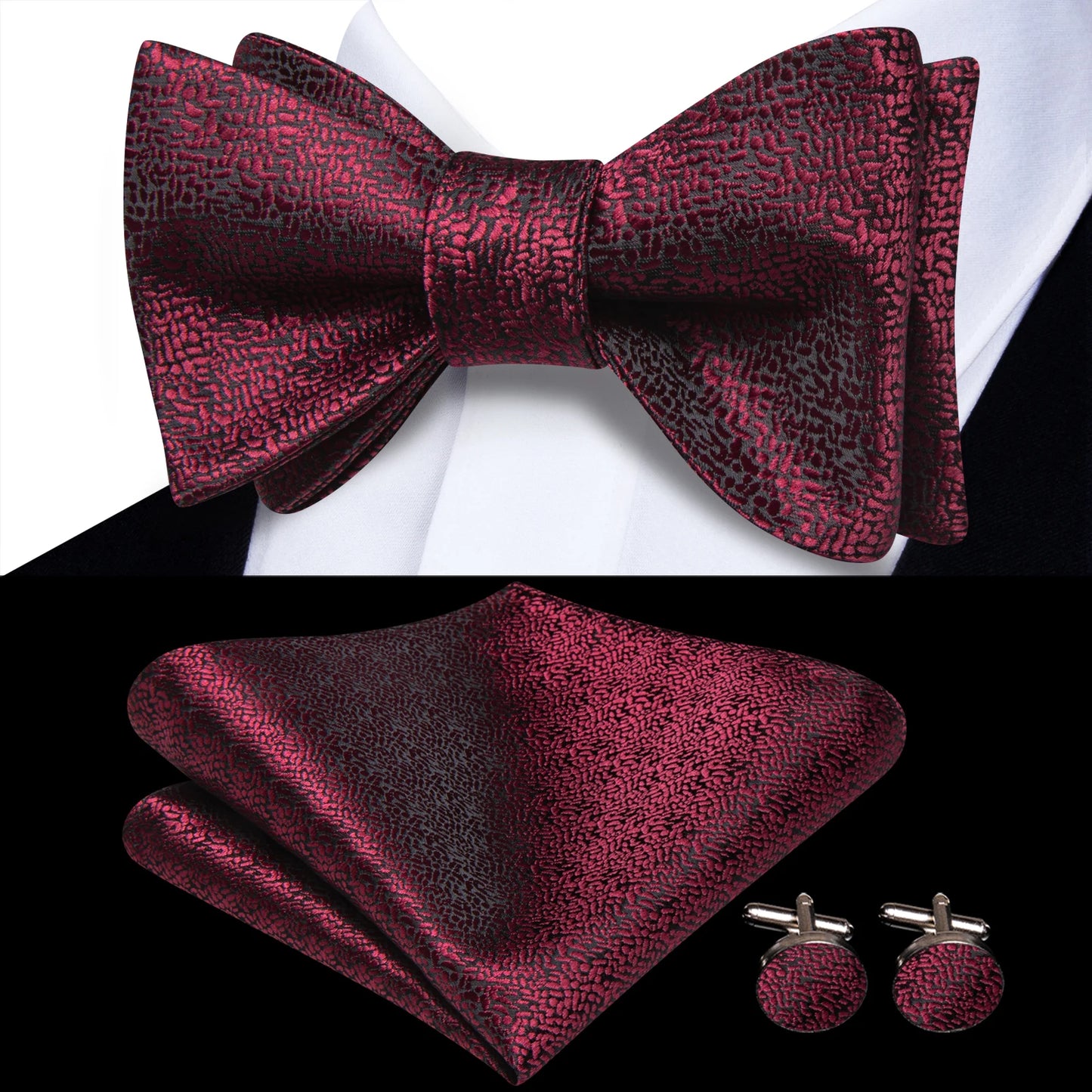 Men's Bow Tie, Handkerchief, and Cufflinks Set - Jacquard Floral Pre-Tied Butterfly Bowtie for Weddings and Business Events