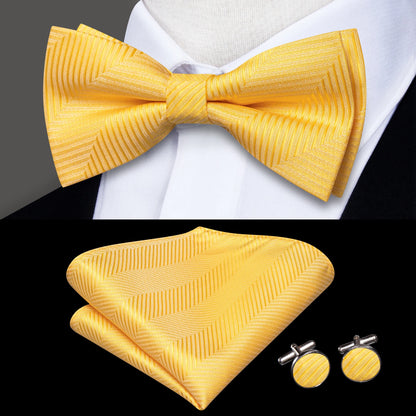 Men's Jacquard Silk Black and Gold Striped Bow Tie Set with Handkerchief and Cufflinks - Pre-Tied Butterfly Bowknot Gift for Adults