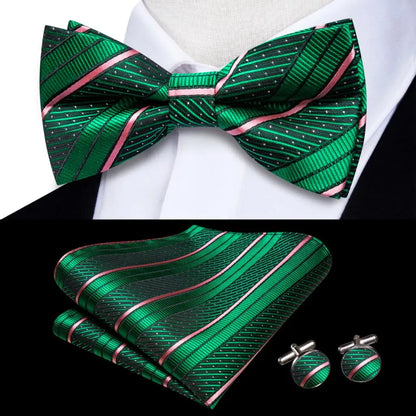 Men's Jacquard Silk Black and Gold Striped Bow Tie Set with Handkerchief and Cufflinks - Pre-Tied Butterfly Bowknot Gift for Adults
