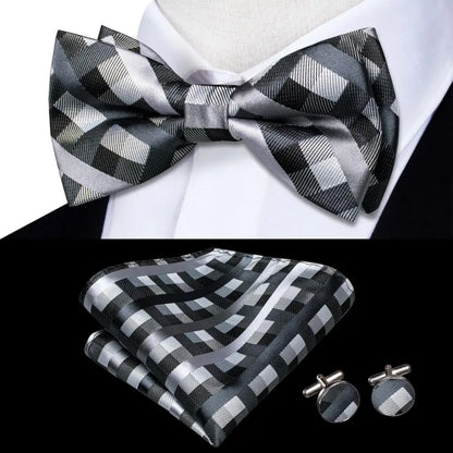 Men's Bow Tie, Silk, Handkerchief, and Cufflinks Set in White, Black, Gray, and Silver - Pre-Tied Butterfly Knot for Weddings and Business Events