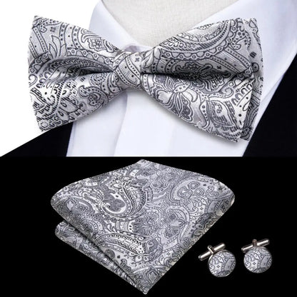 Men's Bow Tie, Silk, Handkerchief, and Cufflinks Set in White, Black, Gray, and Silver - Pre-Tied Butterfly Knot for Weddings and Business Events