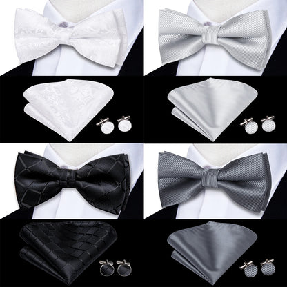 Men's Bow Tie, Silk, Handkerchief, and Cufflinks Set in White, Black, Gray, and Silver - Pre-Tied Butterfly Knot for Weddings and Business Events