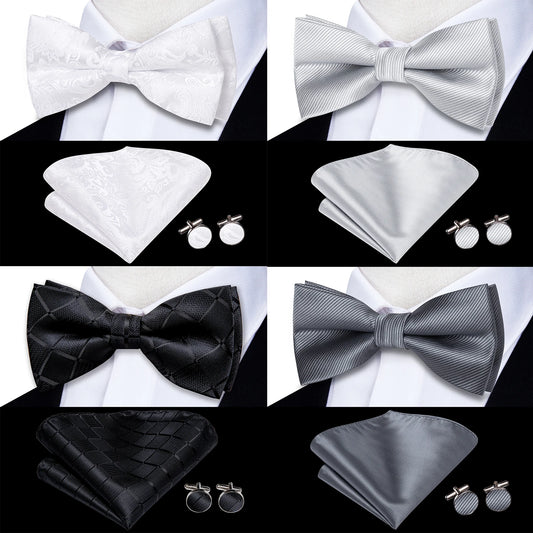 Men's Bow Tie, Silk, Handkerchief, and Cufflinks Set in White, Black, Gray, and Silver - Pre-Tied Butterfly Knot for Weddings and Business Events