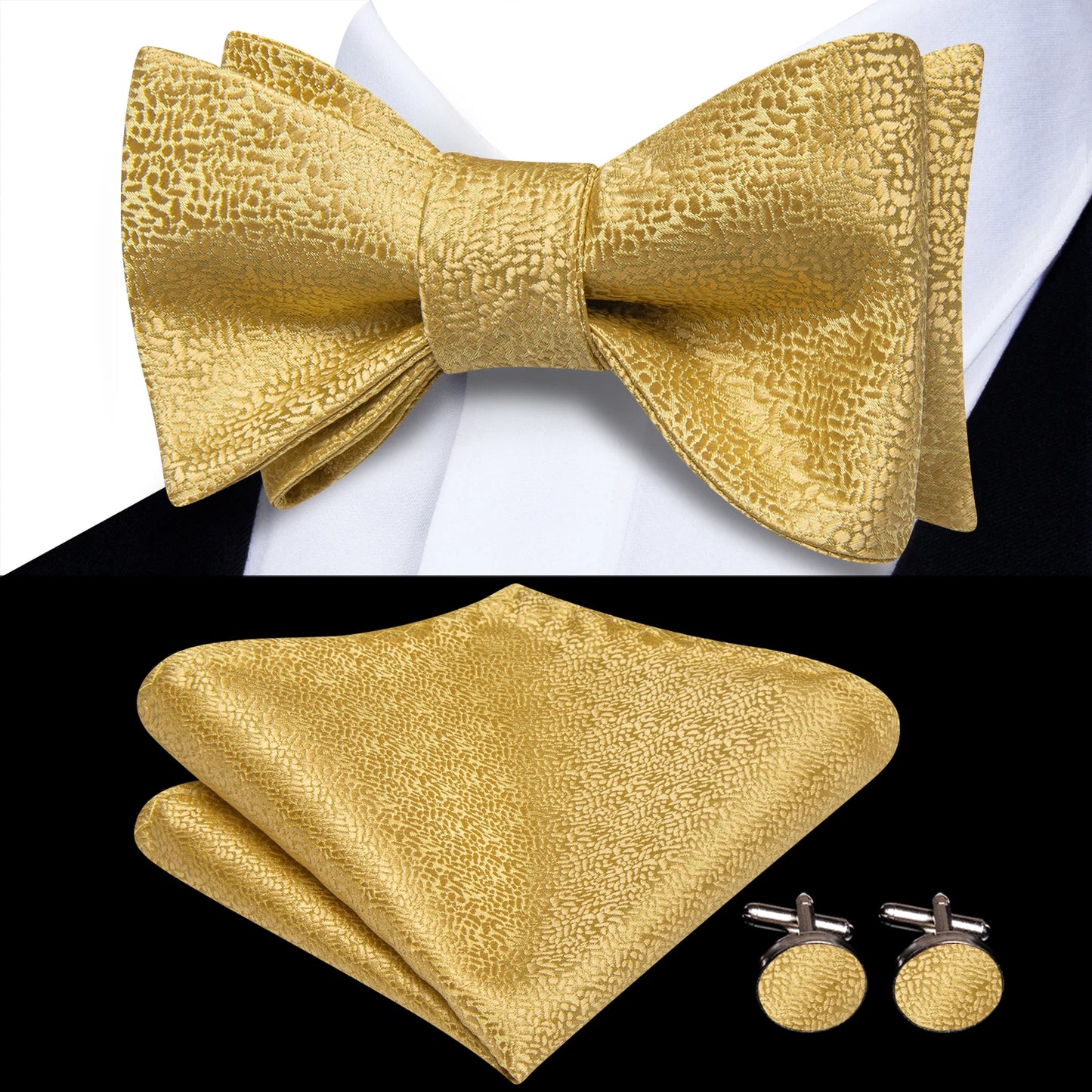 Men's Bow Tie, Handkerchief, and Cufflinks Set - Jacquard Floral Pre-Tied Butterfly Bowtie for Weddings and Business Events