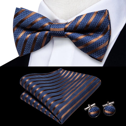 Men's Jacquard Silk Black and Gold Striped Bow Tie Set with Handkerchief and Cufflinks - Pre-Tied Butterfly Bowknot Gift for Adults