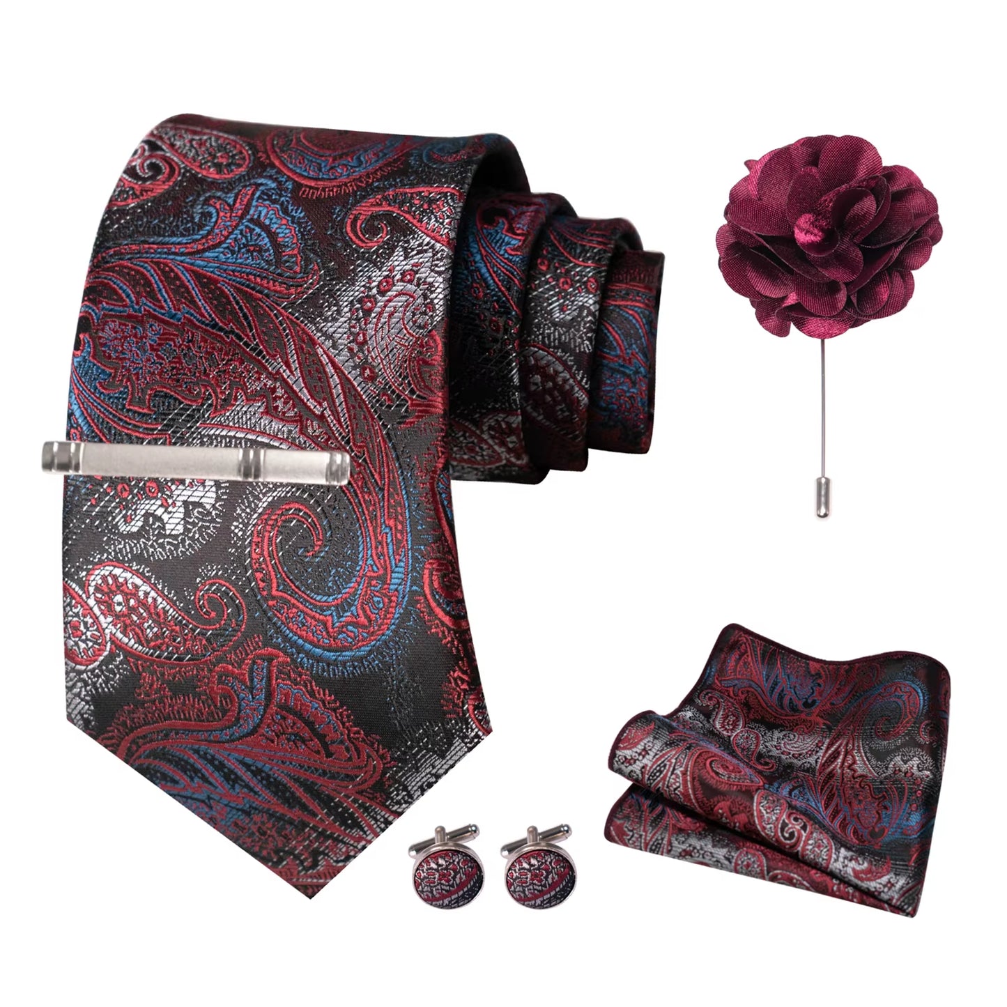 Wine Red Men Tie Paisley Silk Tie Pocket Square Cufflink Luxury Gift Box Set Wedding Gravat Accessories Neck Tie for Men