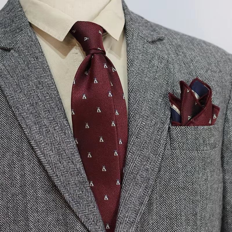 2 Pieces Neck Tie Set New Trendy Brown Neckties Men Formal Block Striped Paisley Pocket Square Polyester Red Handkerchief Cravat